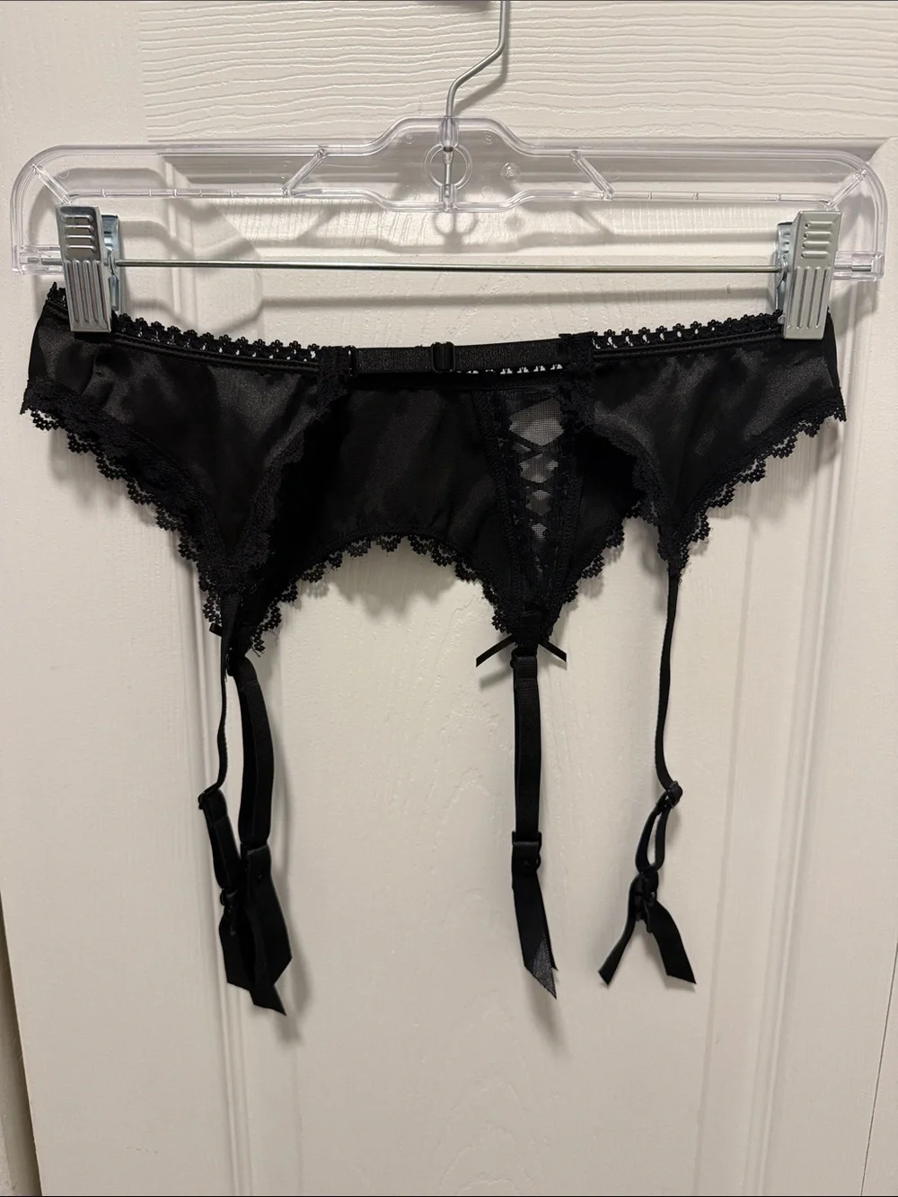 Frederick's of Hollywood Black Satin Lace-Up Garter Belt